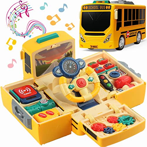 Schulbus Spielzeug mit Ton und Licht, Simulation Lenkrad Getriebe Spielzeug, Kleinkinder Schulbus Spielzeug mit Musik Bildung Wissen Simulation Fahren Bus Spielzeug, Geschenk für 3-5 Jungen & Mädchen von HONGTUO