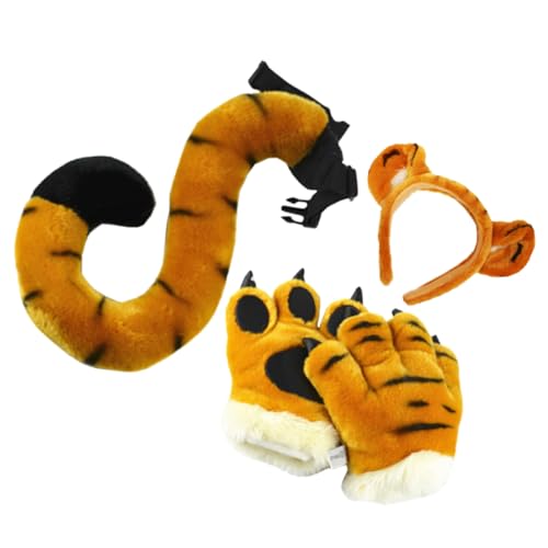 HONITANO 1Satz Tiger Kostümzubehör Set Teiliges Set mit Tigerohren Fäustlingen und Haarreif für Karneval Halloween Cosplay und Besondere Anlässe von HONITANO