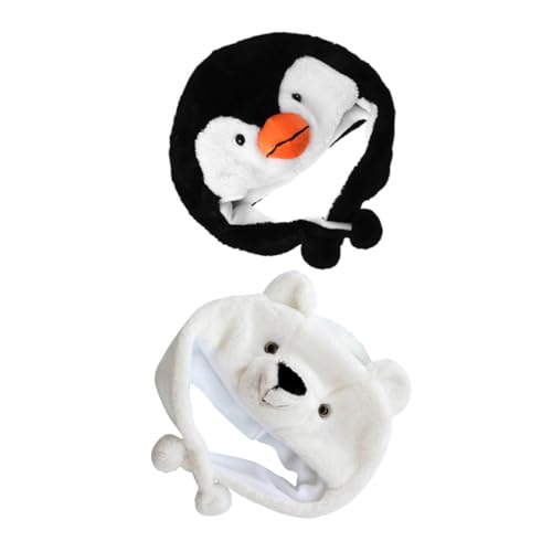 HONITANO 2 Stück Teiliges Cartoon Tiermützen Elastische Weiche Plüschmütze mit Pinguin und Eisbär Atmungsaktiv Wärmend für Halloween Party Rollenspiele Frühling und Winter von HONITANO
