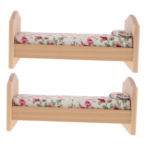HONITANO 2 Stücke Teiliges Miniatur-puppenhaus-Bett aus Holz Einzelbett mit Matratze und Kissen Naturbelassenes DIY Möbel Accessoire für Puppenhaus Schlafzimmer Detailreich und Realistisch von HONITANO