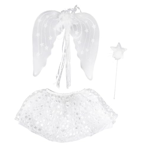 HONITANO 3-Teiliges Set Rockanzug für Partykostüm Märchenkostüm Cosplay -Kostüm Engelsflügel Fee-Cosplay Engel-Cosplay Partygeschenk Engel verkleiden Sich Feder Weiß von HONITANO