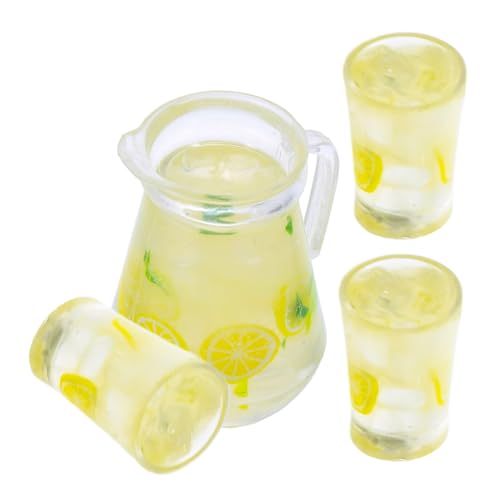 HONITANO 4 Stück Teiliges Miniatur Miniatur Zitronentee Kanne und Gläser Realistische Puppenhaus Sommer Deko Getränke für Diorama Fotorequisiten und Kreative Szenen von HONITANO