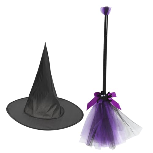 HONITANO Hexenhut und Hexenbesen Kreatives Kostümzubehör für Frauen Violetter Zauberbesen mit Einheitsgröße für Halloween Party Karneval und Maskenball Dekoratives Accessoire für von HONITANO