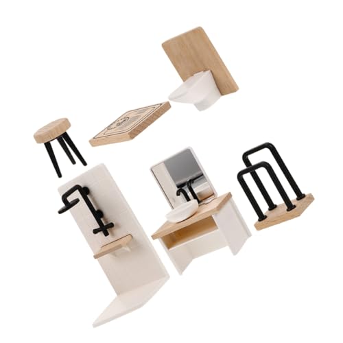HONITANO Maßstab Badmöbel Set aus Kunststoff und Holz mit Dusche Waschbecken Toilette Hocker Handtuchhalter Mini für Realistische Puppenhaus deko von HONITANO