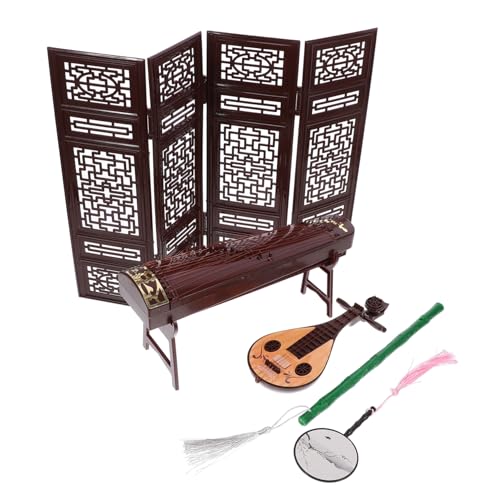 HONITANO Miniatur Puppenhaus Zubehör Klassisches Chinesisches Musikinstrument mit Bildschirm Guzheng und Fächer für Kreative Dekoration von HONITANO