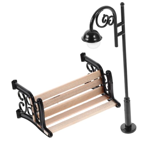 HONITANO Miniatur Set mit Metall Straßenlaterne und Holzlatten Dekorative Miniatur Gartenbank für Puppenhäuser Kreative Landschaftsdeko für Micro Szenen und Mini Garten von HONITANO