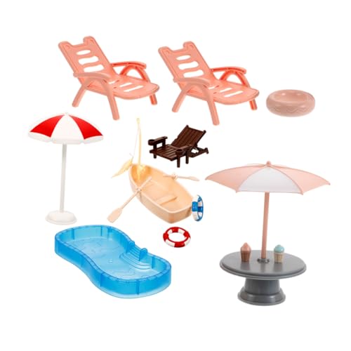 HONITANO Miniatur Strandspielset Dollhouse Schwimmbad mit Sonnenschirm Liegestuhl Schwimmring und Boot DIY Fairy Garden Dekorationen Langlebige Kunststoffmodelle für Puppenhaus und Garten von HONITANO