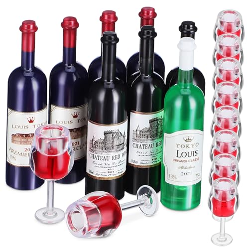 HONITANO Miniatur Weinflaschen Kunststoff mit Blauen Schwarzen und Grüner Flasche Plus Mini Weingläser für Puppenhaus Dekoration und Basteln Wiederverwendbar von HONITANO