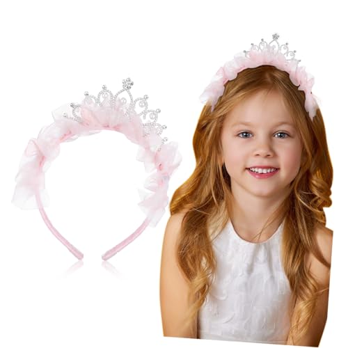 HONITANO Prinzessinnen Tiara Haarreif mit Strass und Perlen Verziert mit Tüll Süßes Geburtstagskrone Stirnband für Mädchen Vielseitiges Party und Hochzeits Accessoire Rosa von HONITANO