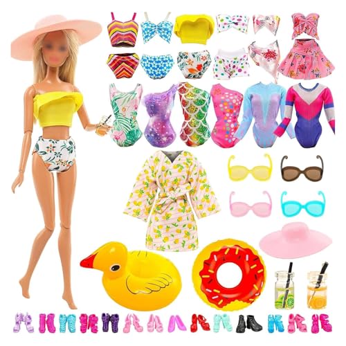 20-teiliges Puppenkleidung und -zubehör, Sommer-Strand-Set, 5 Badeanzüge, 1 Bademantel mit 14 Zubehörteilen, Schuhen, Brillen, Getränken, Schwimmringen für 29,1 cm Puppe, Sommer-Set (keine Puppe) von HONLAELLA