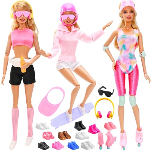 26-teiliges Set für Puppenkleidung und Zubehör, Rollschuh-Set mit Schlittschuhen, Helm, Sonnenhut, Badeanzug, Kapuzenpullover, modisches Oberteil und Hose, Strümpfe, Puppentasche, Schuhe, Headset, 26-teiliges Set für Puppenkleidung und Zubehör, Rollschuh-Set mit Schlittschuhen, Helm, Sonnenhut, Badeanzug, Kapuzenpullover, modisches Oberteil und Hose, Strümpfe, Puppentasche, Schuhe, Headset, von HONLAELLA