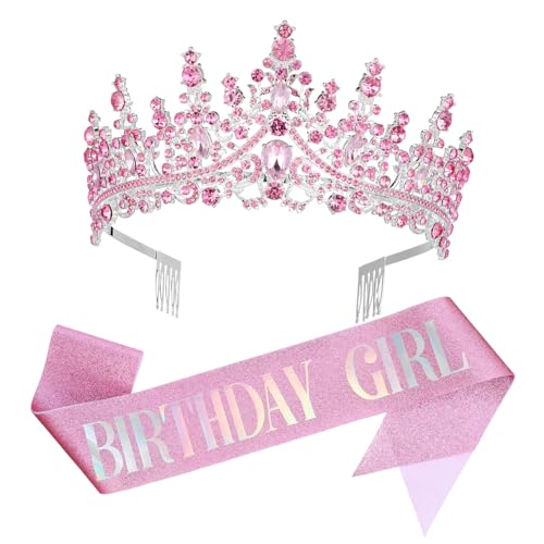 HONMEET Geburtstagskrone und Schärpe Mädchen Prinzessin Tiara mit Strass Silber für Fotos Geburtstagsdeko Mädchenfest Party Zubehör von HONMEET