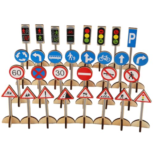 HONMEET Holz Verkehrszeichen Spielset Lernspielzeug Straßenverkehrsschilder Modell Realistische Farben Pädagogisches Verkehrssicherheits Vorschulkinder Lernen von HONMEET