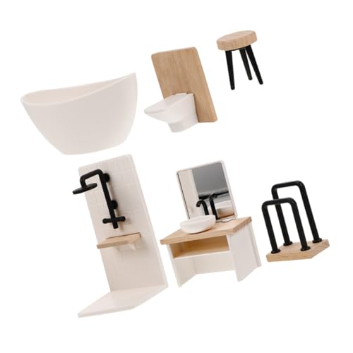 HONMEET Miniatur Puppenhaus Badezimmer Set aus Kunststoff und Holz Realistische Badezimmer Möbel mit Dusche Waschbecken Toilette Badewanne Hocker und Handtuchhalter Dekoratives Puppenhaus von HONMEET