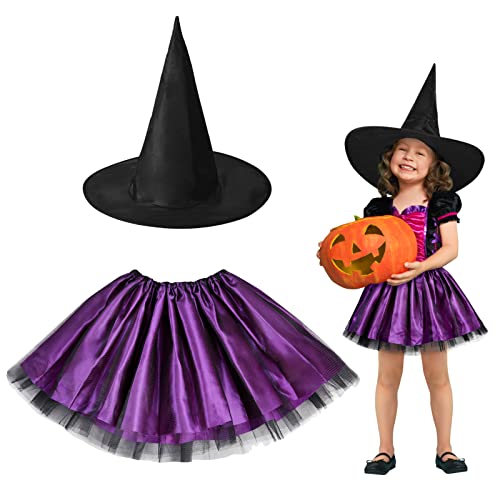 HONMOK 2 Stück Hexe Kostüm Kinder Mädchen Hexenkostüm Lila Tutu mit schwarzem Hexenhut Mädchen Cosplay Set für Karneval Walpurgisnacht Fasching Kostümparty Rollenspiele von HONMOK