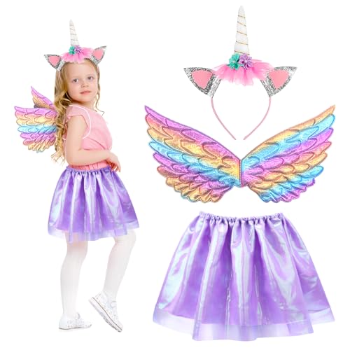 HONMOK 3 Stück Einhorn Kostüm Mädchen Lila Einhorn Kinder Prinzessin Set Einhorn Haarreif Regenbogen Tutu Rock mit Einhornsflügel Unicorn Cosplay Kostüme für Walpurgisnacht Karneval Kindergeburtstag von HONMOK