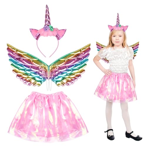 HONMOK 3 Stück Einhorn Kostüm Kinder Rosa Einhorn Mädchen Prinzessin Kostüm Einhorn Haarreif Tutu Rock Flügel für Einhornparty Unicorn Cosplay Walpurgisnacht Karneval Kindergeburtstag von HONMOK