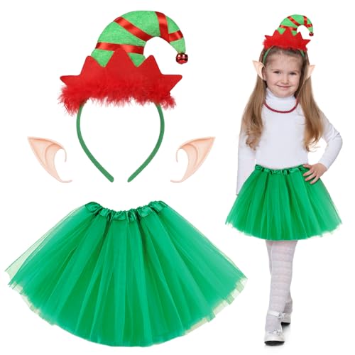 HONMOK 3 Stück Weihnachtself Kostüm Kinder Wichtel Mädchen Mit Grün Tutu Rock, Haarreif und Elfenohren - Weihnachtskostüm Elfen für Weihnachtsfeier, Xmas Party, Karneval, Fasching von HONMOK