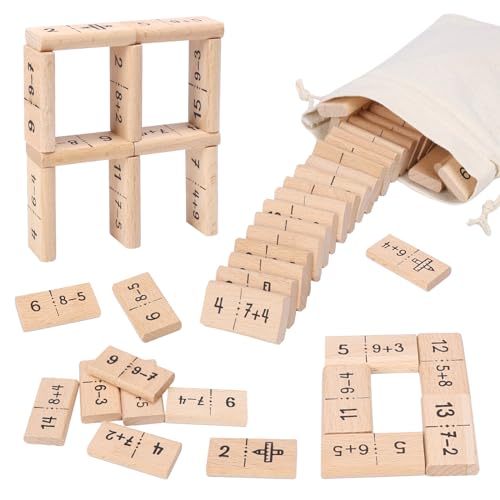 HONMOK 38pcs Mathe Domino Rechnen Lernen Mathe Dominosteine aus Holz Addition und Subtraktion Lernspielzeug Kinder Montessori Spielzeug für Kinder Mathematik Grundschule Einschulung Geschenk von HONMOK