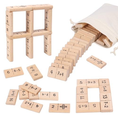 HONMOK 38pcs Mathe Domino Rechnen Lernen Spiel, Mathe Domino Kinder Spielzeug, Dominosteine aus Holz Mathe-Domino Lernspielzeug für Kinder Mathematik Addition Grundschule Einschulung Geschenk von HONMOK