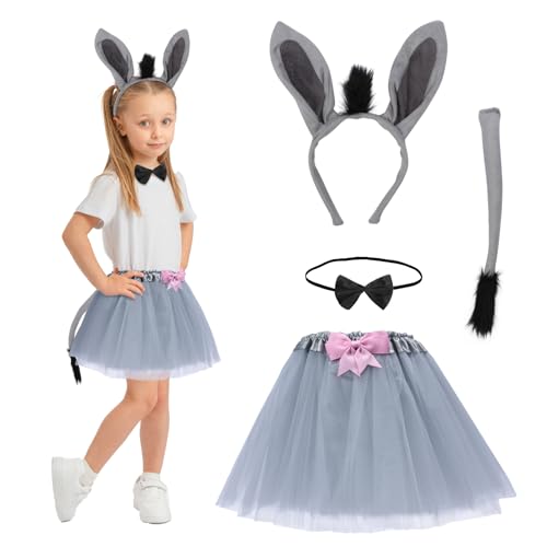 HONMOK 4 Stück Esel Kostüm Set Kinder Eselohren Stirnband Eselsschwanz Schleife Tutu Rock Mädchen Tier Cosplay Kostüm für Karneval Walpurgisnacht Fasching Mottoparty Geburtstag Rollenspiele von HONMOK