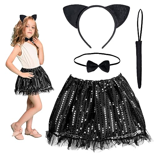HONMOK 4 Stück Katzen Kostüm Kinder - Katzenohren Stirnband, Schwarz Pailletten Tutu Mit Schwanz, Schleife - Mädchen Tierkostüm Kätzchen für Halloween, Karneval, Fasching, Party von HONMOK