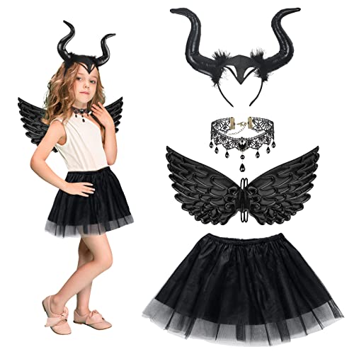 HONMOK 4 Stück Königin Hörner Kostüm Kinder Schwarz Tutu mit Maleficent Hörner Haarreif Flügel Halskette Böse Königin Mädchen Cosplay Set für Karneval Fasching Walpurgisnacht Kostümparty Rollenspiele von HONMOK