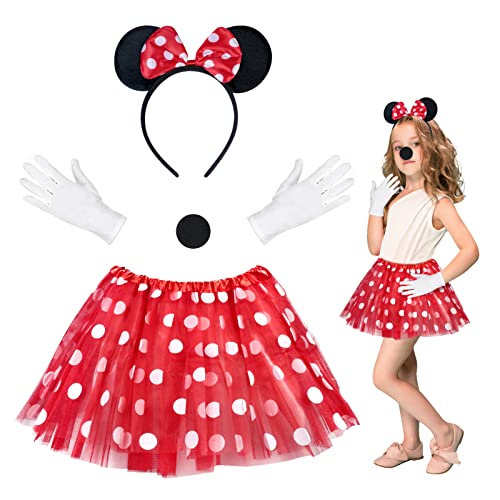 HONMOK 4 Stück Minnie Maus Kostüm Set mit Maus Ohren Haarreifen Gepunkteter Tutu Rock mit Nase Weiße Handschuhe Mädchen Minnie Cosplay Set für Karneval Walpurgisnacht Fasching Kostümparty von HONMOK