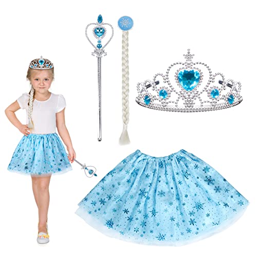 HONMOK 4 Stück Prinzessin Kostüm Mädchen ELSA Prinzessin Kostüm Set Eiskönigin Kleid Blau Tutu mit Krone Zauberstab Zopf ELSA Cosplay Kostüm Accessoires für Halloween Weihnachten Geburtstag Party von HONMOK