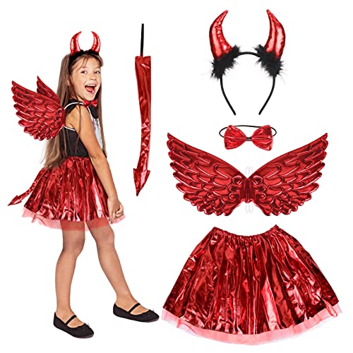 HONMOK 5 Stück Teufel Kostüm Kinder rotes Flügel Tutu mit Teufelsohren Stirnband Schwanz Schleife Mädchen Teufelshörner Cosplay Kostüm Set für Karneval Fasching Walpurgisnacht Rollenspiele von HONMOK