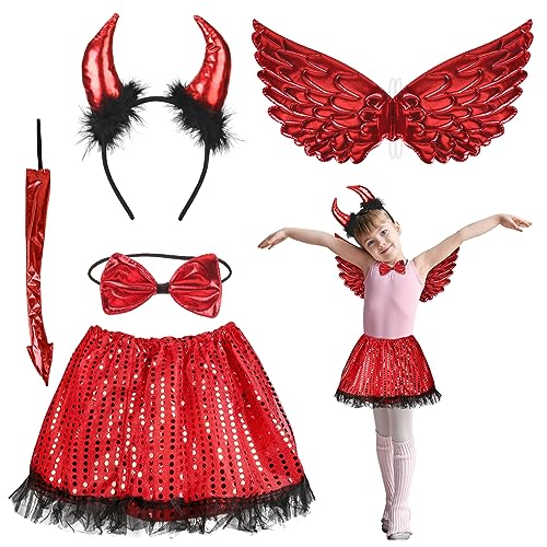 HONMOK 5 Stück Teufel Kostüm Kinder Teufelsflügel Rot Tutu Rock mit Teufel Hörner Haarreif Schwanz Fliege Mädchen Teufel Cosplay Kostüm Teufelskostüm Set für Karneval Fasching Mottoparty Halloween von HONMOK