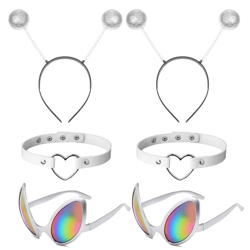 HONMOK 6 Stück Alien Brille Martian Antenne Stirnband Alien Headband Boppers mit Weiß Leder Halsband Alien Kostüm Zubehör Foto Requisiten für Erwachsene Kinder Karneval Fasching Party von HONMOK