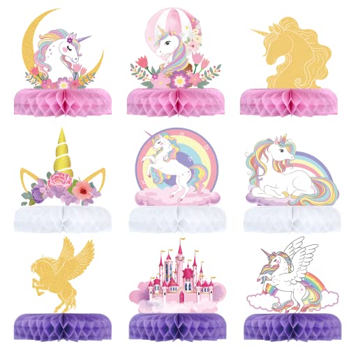 HONMOK 9 Stück Einhorn Bienenwabe Einhorn Party Deko 3D Waben Unicorn Honeycomb Mittelstücke Papier Herzstück Tischaufsätze Dekoration für Mädchen Geburtstag Thema Party Tischdeko 15x4 cm von HONMOK