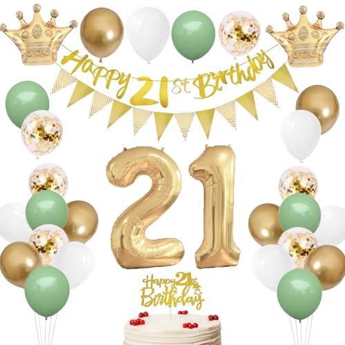 21 Geburtstag Deko Salbeigrün, Luftballon 21. Geburtstag Männer Frau, Zahl 21 Folienballon mit Banner Flaggen, Tortendeko, Grün Weiß Gold Ballons für 21 Party Deko von HONZSAN