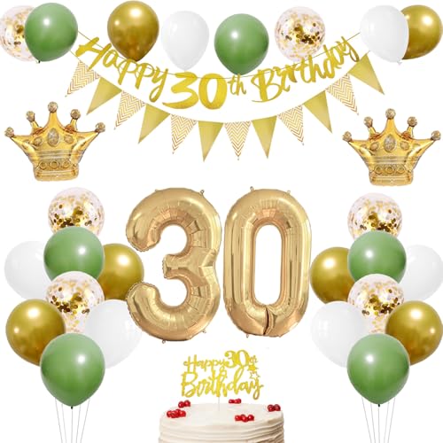 30 Geburtstag Deko Salbeigrün, Luftballons 30. Geburtstag Männer Frauen, Grün Weiß Gold Ballons mit Zahl 30 Folienballon, Banner Tortendeko für 30re Party Dekoration von HONZSAN