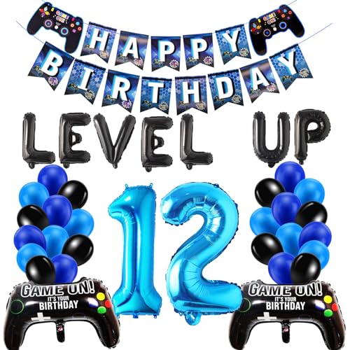 12. Geburtstag Junge Deko - Videospiel Luftballon, Gamer Geburtstagsdeko für 12 Jahre, Schwarz Blau Ballons Zahl 12 Folienballon für Kinder Jungen Party Dekoration von HONZSAN