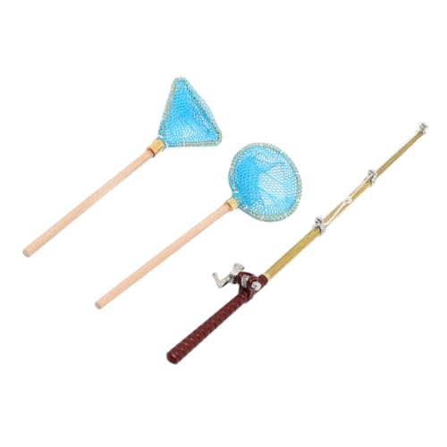 HOODANCOS Miniatur Angelrute Set Teilig Blau Miniatur Angelrute mit Fischernetz Dekoratives Zubehör für Puppenhaus Aquarium Landschaft Dekoration von HOODANCOS