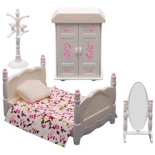 HOODANCOS Miniatur-Puppenhausmöbel Schlafzimmer Mini-Bett-Set Bett Kissen Kleiderschrank Spiegel Kleiderbügel Im Maßstab 1:12 Puppenhaus-Zubehör Und Möbelspielzeug Für Puppenhaus von HOODANCOS