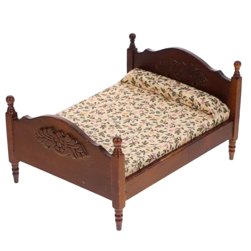 HOODANCOS Möbelbett für Puppenhaus Europäischer Stil Doppelbett aus Holz für DIY Puppenhaus Dekoration von HOODANCOS