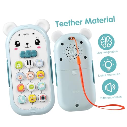 HOODANCOS Phone Toy für Kleinkinder mit Musik und Lichteffekten Beißfunktion durch Weiche Ohren Fördert Greifen Hand Auge Koordination und Frühe Bildung Hellblaues Lernspielzeug für Junge von HOODANCOS