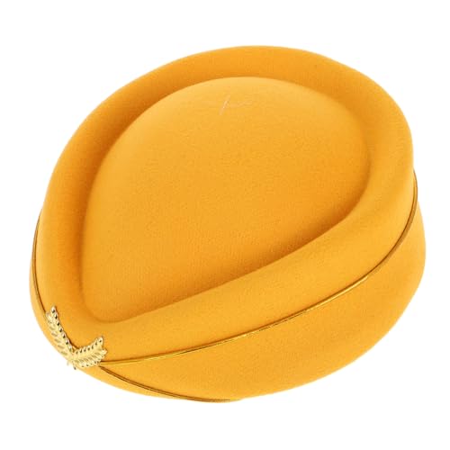 HOODANCOS Stewardessenhut Stewardessenkappe Flugbegleiterhut Filz Stewardessenkappe Stewardessenkostümhut Damen Elegante Filzbaske Cosplay Baskenmütze Stewardessenhut Hat Gelbe Imitation von HOODANCOS
