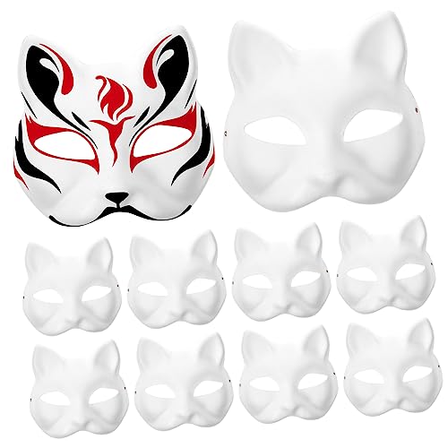10 Stück Fuchs Japanische Masken Katze Masken Blankomasken Kostüm Masken Blank Katze DIY Zeichnen Basteln Papiermasken Tier Kunststoff Gruselig Halloween Maske Halbgesicht Einfarbig Nudeln Weiß von HOOTNEE