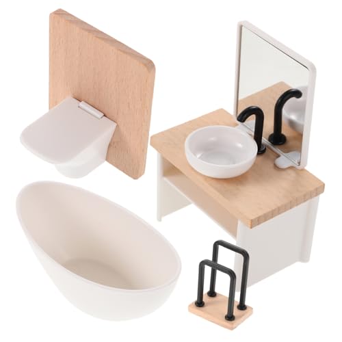 HOOTNEE Komplettes Miniatur-Badezimmerzubehör im Maßstab 1:12 für Puppenhäuser Waschbecken Badewanne Toilettenschrank Miniaturmöbelset aus Holz von HOOTNEE