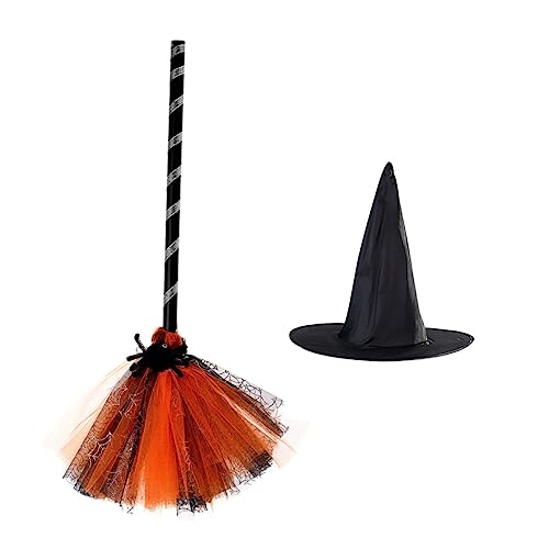HOOTNEE 1 Set Halloween Hut Besen, Halloween Hexenbesen, Cosplay Requisiten, Party Kostüm Zubehör, Dekorativer Hut Besen Requisite, Halloween Hexenhüte, Bühnen Performance Hut Besen von HOOTNEE