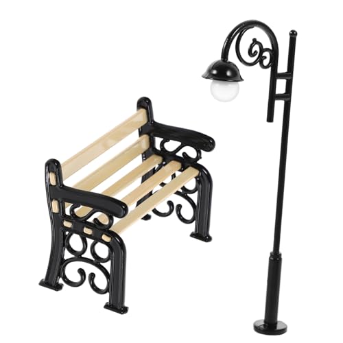HOOTNEE 1 Set Mini Straßenbank Möbeldekoration Kleines Ornament Winzige Mikrobank Modell Puppenhaus Miniatur Straßenlaterne Miniatur Bank Szenenlampe Aus Metall von HOOTNEE