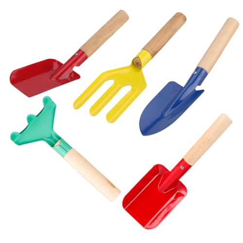 HOOTNEE 5Stücke Gartenwerkzeug Teiliges mit Holzgriffen Schaufel Harke und Rechen für Outdoor für Jungen und Mädchen für Gartenarbeit und Naturerfahrung von HOOTNEE