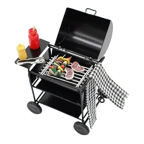 HOOTNEE BBQ Grillwagen mit Lebensmittelechtem Puppenhaus Zubehör Simulation Küchen für Kreatives Rollenspiel und Frühes Lernen von HOOTNEE