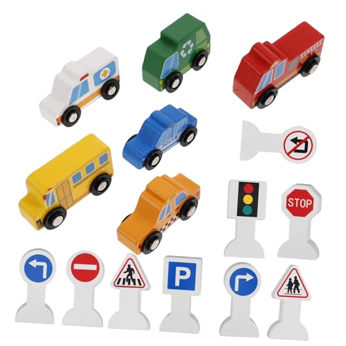 HOOTNEE Holzfahrzeuge und Verkehrszeichen für Buntes Holzauto Realistischen Verkehrsschildern Pädagogisches Baustellenfahrzeug für Jungen und Mädchen Lernspielzeug zur Verkehrserziehung von HOOTNEE