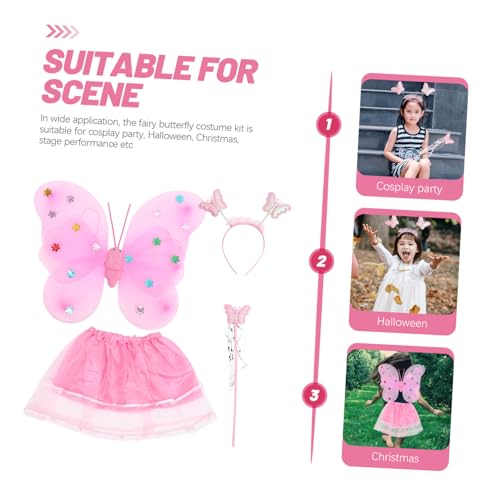 HOOTNEE Schmetterlingskostüm für Mädchen mit Flügeln Rock Zauberstab und Haarreif Feenkostüm für Karneval Fasching Kostümparty und Halloween Pinkes Butterfly Cosplay Kleid von HOOTNEE