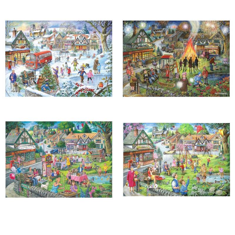 HOP - House of Puzzles 4 Puzzles - Dorfplatz im Wandel der Jahreszeiten 500 Teile Puzzle House-Of-Puzzles-HP0767 von HOP - House of Puzzles